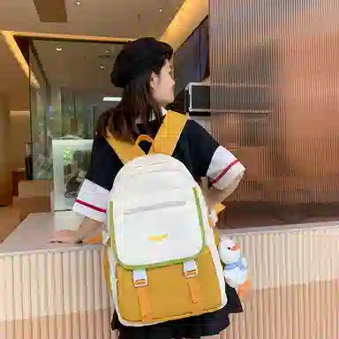 蔻蒂熊 女日系校园简约百搭高中学生初中生上课书包大容量男潮 尼龙布 双肩包 常规 黑色/白黄色/咖色/蓝色/白卡其色