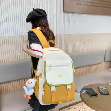 蔻蒂熊 女日系校园简约百搭高中学生初中生上课书包大容量男潮 尼龙布 双肩包 常规 黑色/白黄色/咖色/蓝色/白卡其色