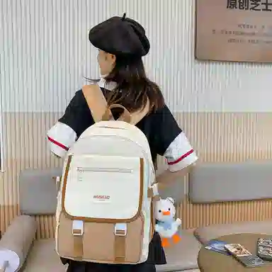 蔻蒂熊 女日系校园简约百搭高中学生初中生上课书包大容量男潮 尼龙布 双肩包 常规 黑色/白黄色/咖色/蓝色/白卡其色