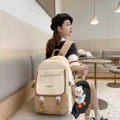 蔻蒂熊 女日系校园简约百搭高中学生初中生上课书包大容量男潮 尼龙布 双肩包 常规 黑色/白黄色/咖色/蓝色/白卡其色
