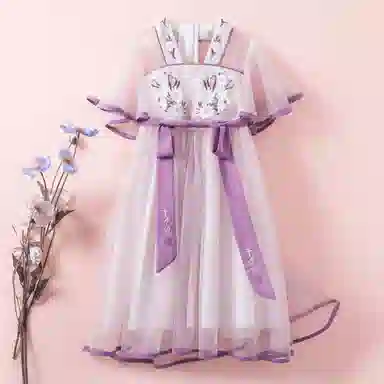十月妈咪 童装 中国风网纱短袖儿童汉服 女童 长春花紫