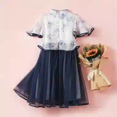 十月妈咪 中式国风短袖中长款网纱旗袍连衣裙汉服 夏 儿童款