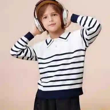 十月妈咪毛衣 线衫条纹翻领 儿童款