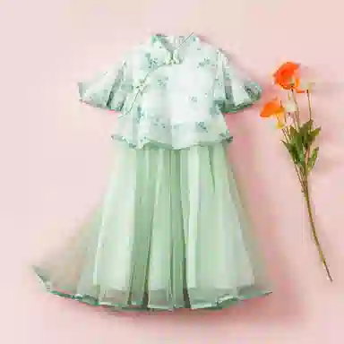 十月妈咪 中式国风短袖中长款网纱旗袍连衣裙汉服 夏 儿童款