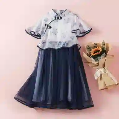 十月妈咪 中式国风短袖中长款网纱旗袍连衣裙汉服 夏 儿童款