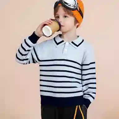 十月妈咪毛衣 线衫条纹翻领 儿童款