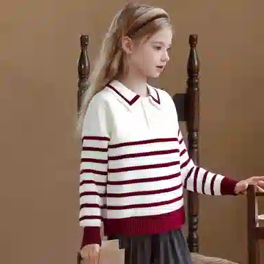 十月妈咪毛衣 线衫条纹翻领 儿童款