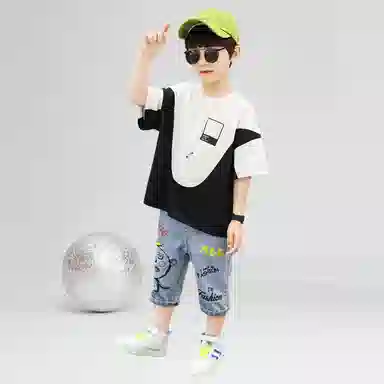 儿童款 十月妈咪 圆领卡通松紧短袖休闲运动套装