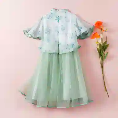 十月妈咪 中式国风短袖中长款网纱旗袍连衣裙汉服 夏 儿童款