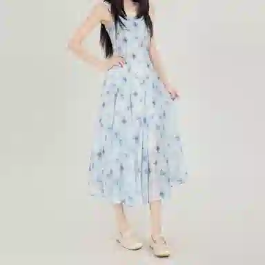 合身适中方蝴蝶印花水墨风设计感通勤休闲温柔高街辣妹晕染海边度假小众领夏季无袖仙气腰简约优雅法式慵懒时尚吊带连衣裙 女款
