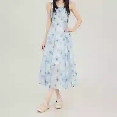 合身适中方蝴蝶印花水墨风设计感通勤休闲温柔高街辣妹晕染海边度假小众领夏季无袖仙气腰简约优雅法式慵懒时尚吊带连衣裙 女款