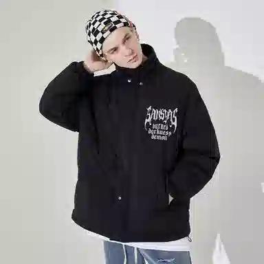 木村三社 哥特字母印花宽松棉服 男女同款 黑色