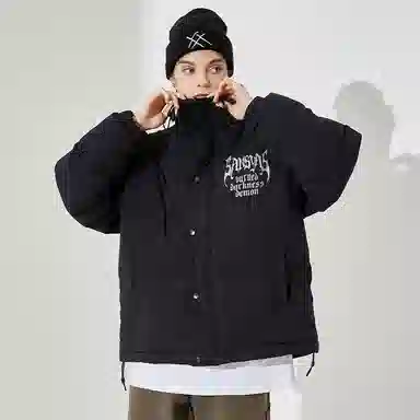 木村三社 哥特字母印花宽松棉服 男女同款 黑色