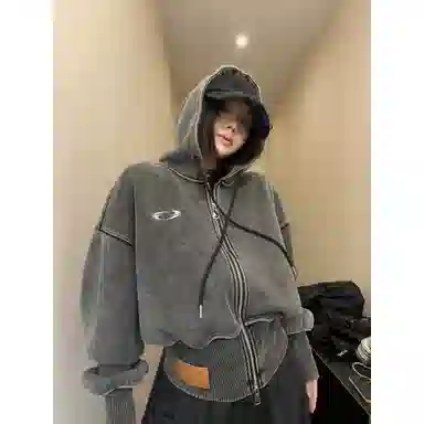 桴生 美式复古小众高级感时尚潮流舒适百搭简约水洗刺绣做旧加宽螺纹短款开衫连帽外套卫衣 女款