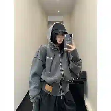 桴生 美式复古小众高级感时尚潮流舒适百搭简约水洗刺绣做旧加宽螺纹短款开衫连帽外套卫衣 女款