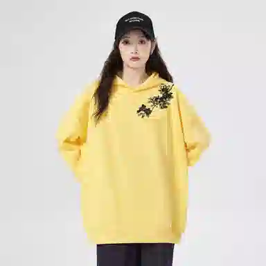 棉购 重磅黑金仿刺绣潮流连帽宽松加绒加厚中国风花卉印花上衣长袖卫衣 男女同款