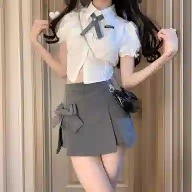 棉购 学院风短袖衬衫蝴蝶结高腰开叉包臀半身短裙裤裙装套装 女款 纯色