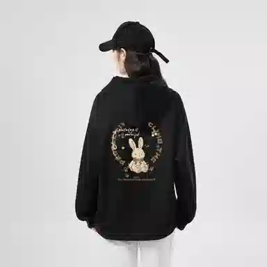 棉购 连帽设计感兔子印花宽松重磅简约时尚长袖卫衣 女款