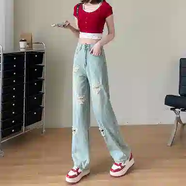 棉购 宽松直筒高腰牛仔裤 女款 蓝色