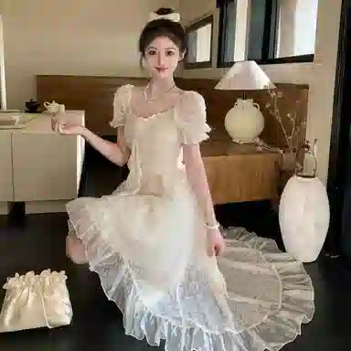 棉购 不规则荷叶边纯色短袖连衣裙 女款 杏色