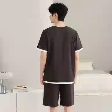 棉购 纯棉圆领休闲百搭简约短袖五分裤睡衣套装 男款