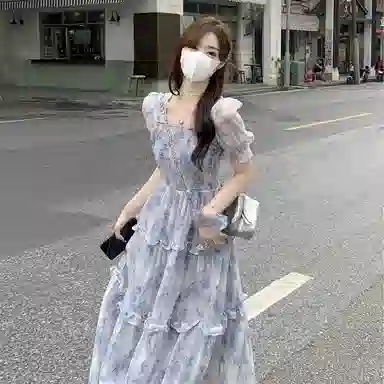 棉购 法式复古温柔风方领碎花短袖连衣裙 女款