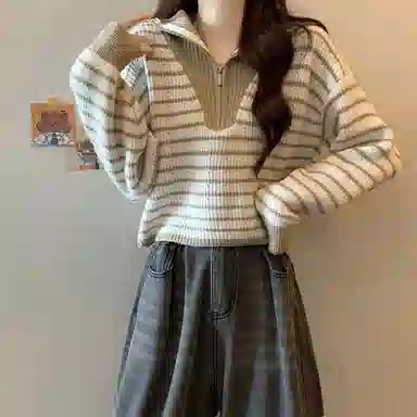 棉购 拉链毛衣宽松外穿打底洋气设计感小众长袖针织衫 女款