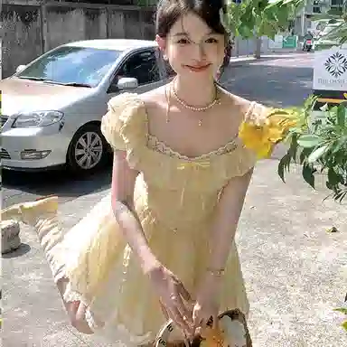 棉购 法式方领高腰收腰短袖连衣裙 女款 柠檬黄