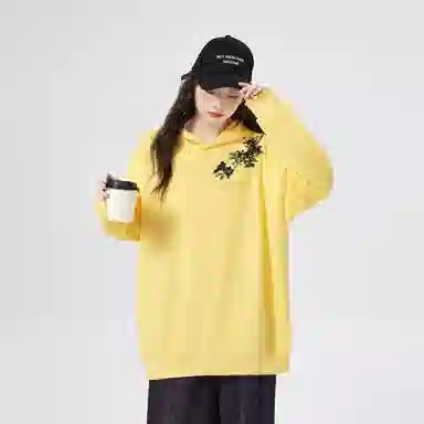 棉购 重磅黑金仿刺绣潮流连帽宽松加绒加厚中国风花卉印花上衣长袖卫衣 男女同款