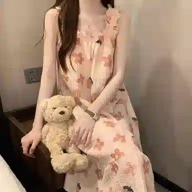 棉购 自带胸垫韩系碎花居家服可爱甜美无袖吊带睡裙 女款