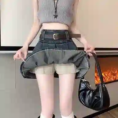 棉购 百搭纯色高腰修身百褶半身牛仔短裙 女款 蓝灰色