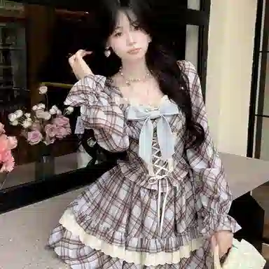 棉购 甜美小个子复古格纹蕾丝蝴蝶结绑带收腰方口领蓬蓬公主裙长袖连衣裙 女款