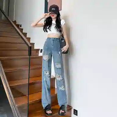 棉购 破洞高腰设计重工烫钻宽松直筒牛仔裤 女款 复古蓝