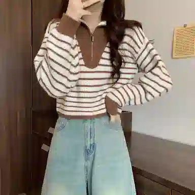 棉购 拉链毛衣宽松外穿打底洋气设计感小众长袖针织衫 女款