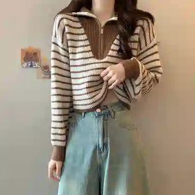棉购 拉链毛衣宽松外穿打底洋气设计感小众长袖针织衫 女款