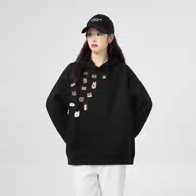 棉购 薄款连帽宽松韩版学生口袋套头休闲加绒外套卫衣 女款