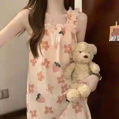 棉购 自带胸垫韩系碎花居家服可爱甜美无袖吊带睡裙 女款