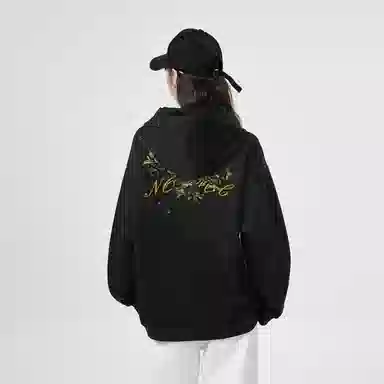 棉购 重磅黑金仿刺绣潮流连帽宽松加绒加厚中国风花卉印花上衣长袖卫衣 男女同款