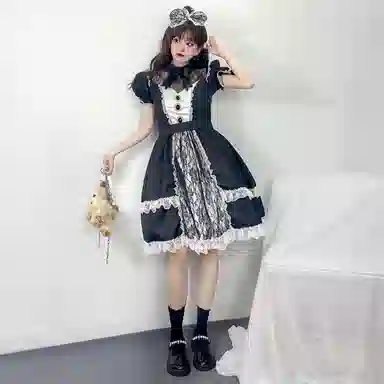 棉购 蕾丝花边蝴蝶结中长款短袖连衣裙 女款 黑色