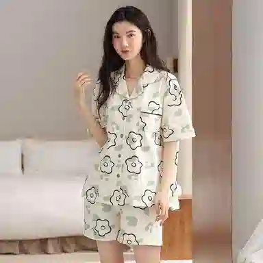棉购 可外穿薄款带胸垫短袖三分裤夏季睡衣套装 女款