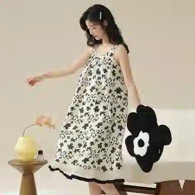 棉购 带胸垫圆领花卉小清新凉感中长款无袖睡裙 女款 乳白色
