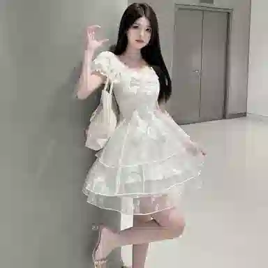 棉购 法式甜辣风蓬蓬裙女甜美收腰公主裙短袖连衣裙 女款 杏色