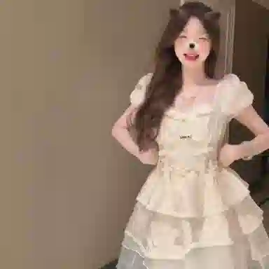 棉购 法式学院风甜美蓬蓬裙泡泡袖气质修身短袖连衣裙 女款 杏色