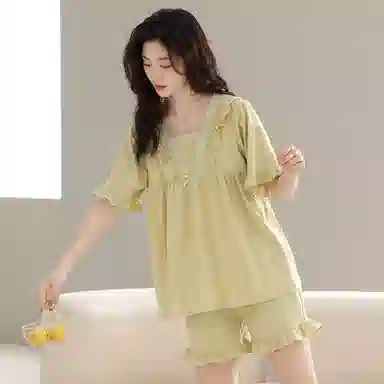 棉购 纯棉公主风甜美可爱高级感短袖短裤睡衣套装 女款