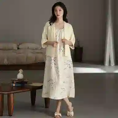 棉购 植物提花透气无袖内搭纯色简约短袖外搭睡衣套装 女款 白色