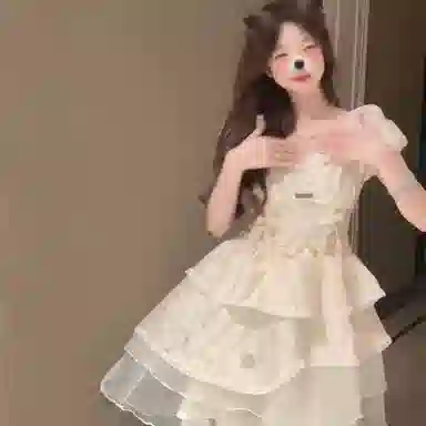 棉购 法式学院风甜美蓬蓬裙泡泡袖气质修身短袖连衣裙 女款 杏色