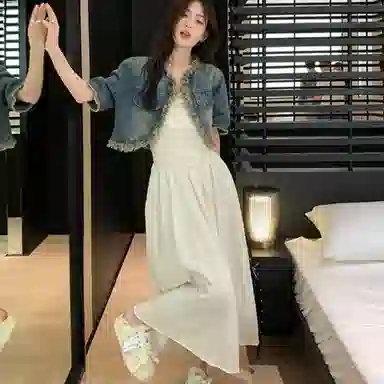 棉购 做旧毛边流苏上衣纯色高腰宽松中长裙裙装套装 女款