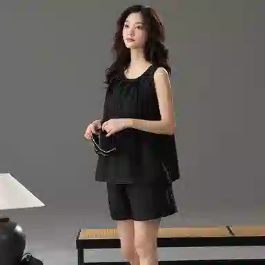 棉购 纯色圆领套头无袖带胸垫舒适透气睡衣套装 女款 黑色