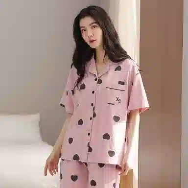 棉购 翻领爱心满印短袖短裤自带胸垫可外穿睡衣套装 女款