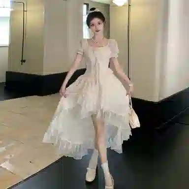 棉购 不规则荷叶边纯色短袖连衣裙 女款 杏色